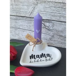 Deko-Set "Mama du bist die Beste " ~ Kerzenhalter mit Stabkerze ~ Geschenkset Muttertag ~ Herz