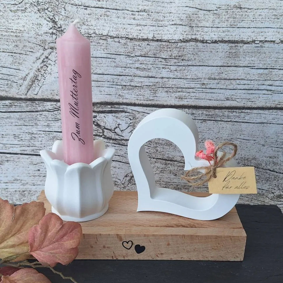 Deko-Set "Zum Muttertag" ~ Kerzenhalter mit Stabkerze ~ Geschenkset Mama ~ Herz