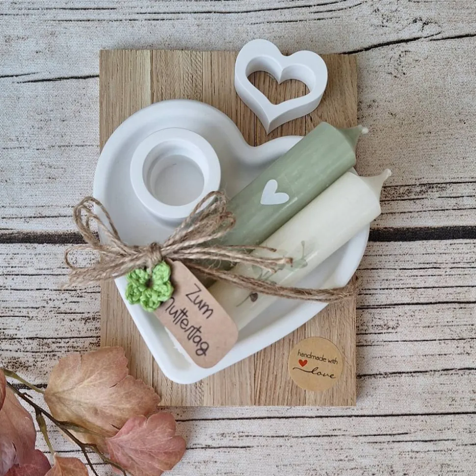 Deko-Set "Zum Muttertag" ~ Kerzenhalter mit Stabkerze ~ Geschenkset Mama ~ Herz