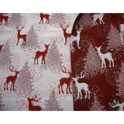 Dekostoff Weihnachten Jacquard natur – rotes Reh & Hirsch im Wald, Glitzer Gold, Tannenbaum, Meterware