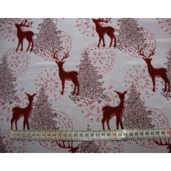 Dekostoff Weihnachten Jacquard natur – rotes Reh & Hirsch im Wald, Glitzer Gold, Tannenbaum, Meterware