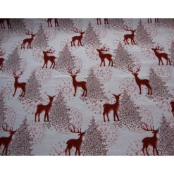 Dekostoff Weihnachten Jacquard natur – rotes Reh & Hirsch im Wald, Glitzer Gold, Tannenbaum, Meterware