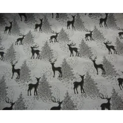 Dekostoff Weihnachten Jacquard natur – Graues Reh & Hirsch im Wald mit Glitzer silber, Meterware 140cm breit