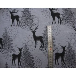 Dekostoff Weihnachten Jacquard natur – Graues Reh & Hirsch im Wald mit Glitzer silber, Meterware 140cm breit