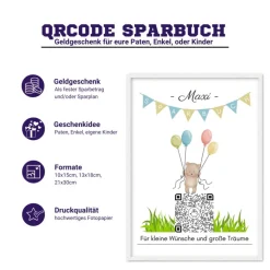 Digitale Spardose | Personalisiertes Geldgeschenk | QrCode Bild | Motiv Teddy
