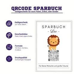 Digitale Spardose | Personalisiertes Geldgeschenk | QrCode Bild | Motiv Löwe