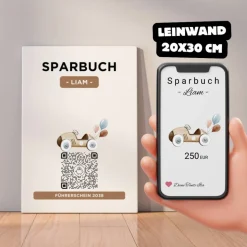 Digitales Sparbuch | Personalisiertes Geldgeschenk | QrCode Bild auf Leinwand 20x30cm | Motiv Auto