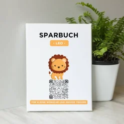 Digitales Sparbuch | Personalisiertes Geldgeschenk | QrCode Bild auf Leinwand 20x30cm | Motiv Löwe