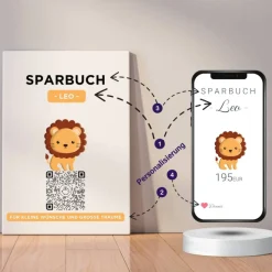Digitales Sparbuch | Personalisiertes Geldgeschenk | QrCode Bild auf Leinwand 20x30cm | Motiv Löwe