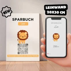 Digitales Sparbuch | Personalisiertes Geldgeschenk | QrCode Bild auf Leinwand 20x30cm | Motiv Löwe