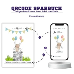 Digitales Sparbuch | Personalisiertes Geldgeschenk | QrCode Postkarte DIN A6 inkl. Briefumschlag und Anhänger | Teddy