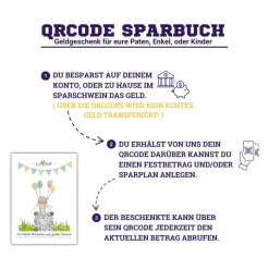 Digitales Sparbuch | Personalisiertes Geldgeschenk | QrCode Postkarte DIN A6 inkl. Briefumschlag und Anhänger | Teddy