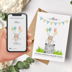 Digitales Sparbuch | Personalisiertes Geldgeschenk | QrCode Postkarte DIN A6 inkl. Briefumschlag und Anhänger | Teddy
