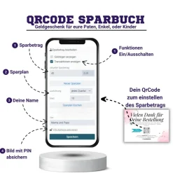 Digitales Sparbuch | Personalisiertes Geldgeschenk | QrCode Postkarte DIN A6 inkl. Briefumschlag und Anhänger | Teddy