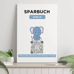 Digitales Sparbuch | Personalisiertes Geldgeschenk | QrCode Bild auf Leinwand 20x30cm | Motiv Elefant