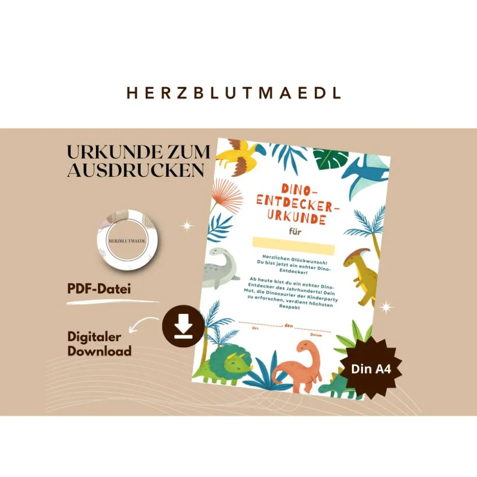 Dino Geburtstag: Urkunde für Dinoforscher in A4 - Perfektes Mitgebsel für die Dinoparty - einfach ausdrucken