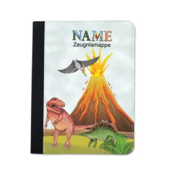 Dino Zeugnismappe personalisiert | Zeugnismappe Jungen | Zeugnismappe mit Namen | Urkundenmappe Dinosaurier T-Rex Vulkan