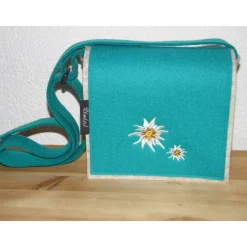 Dirndltasche, Unikat, aus Wollfilz in hellmeliert und türkis, bestickt mit Edelweiß, Umhängetasche, Oktoberfest, handgemacht von Dieda