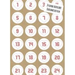 DIY Adventskalender Aufkleber Zahlen gestickte Optik Herz rund 24 Stück selbstgemacht