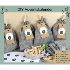 DIY Advetskalender mit Leinensäckchen, Aufkleber, Anhänger, Holzklammern