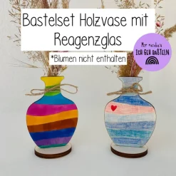 DIY Bastelset: Holzvase zum Selbstgestalten – mit Reagenzglas für Blumen. Geschenk Muttertag Vatertag