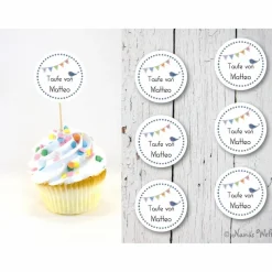 DIY Set 6 Cupcake Topper personalisiert Flags Muffindeko mit individuellem Namen rosa Taufe Kommunion Konfirmation Firmu