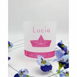 DIY Taufe Windlicht mit rosa Faltboot personalisiert mit Namen