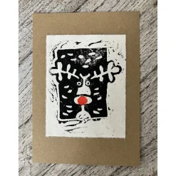 Drei handgedruckte Weihnachtskarten mit Elch