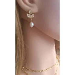 Echte Süßwasserperlen & Zirkonia Steine Ohrringe, Hochzeitschmuck Gold,Braut Ohrringe,18K Vergoldete Ohrringe