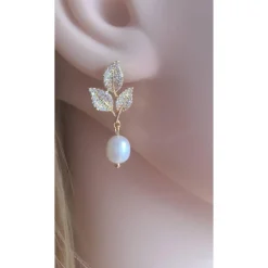 Echte Süßwasserperlen & Zirkonia Steine Ohrringe, Hochzeitschmuck Gold,Braut Ohrringe,18K Vergoldete Ohrringe