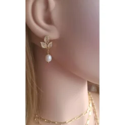 Echte Süßwasserperlen & Zirkonia Steine Ohrringe, Hochzeitschmuck Gold,Braut Ohrringe,18K Vergoldete Ohrringe