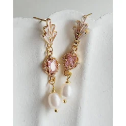 Echte Süßwasserperlen Ohrringe, Hochzeitschmuck Gold mit Zirkonia in Rosa,Braut Ohrringe,Vergoldete Ohrringe, Brautschmu