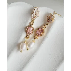 Echte Süßwasserperlen Ohrringe, Hochzeitschmuck Gold mit Zirkonia in Rosa,Braut Ohrringe,Vergoldete Ohrringe, Brautschmu