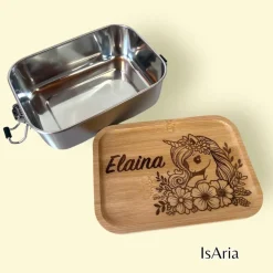Edelstahl Lunchbox Einhorn mit Bambus Deckel/Personalisiert/Büro/Kindergarten/Einschulung/ Brotdose mit Namen/Kita