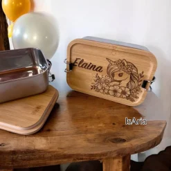 Edelstahl Lunchbox Einhorn mit Bambus Deckel/Personalisiert/Büro/Kindergarten/Einschulung/ Brotdose mit Namen/Kita