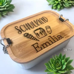 Edelstahl Lunchbox Schulkind mit Bambus Deckel/Personalisiert/Geschenk Einschulung/ Brotdose mit Namen/Schulanfang