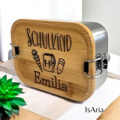 Edelstahl Lunchbox Schulkind mit Bambus Deckel/Personalisiert/Geschenk Einschulung/ Brotdose mit Namen/Schulanfang