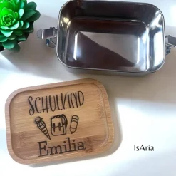 Edelstahl Lunchbox Schulkind mit Bambus Deckel/Personalisiert/Geschenk Einschulung/ Brotdose mit Namen/Schulanfang
