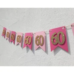 Edle Girlande zum 60. Geburtstag in Pink, Rosa und Gold. Trendige Farben mit glitzernden Zahlen. Geburtstagsdeko Partyde