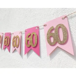 Edle Girlande zum 60. Geburtstag in Pink, Rosa und Gold. Trendige Farben mit glitzernden Zahlen. Geburtstagsdeko Partyde
