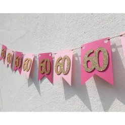Edle Girlande zum 60. Geburtstag in Pink, Rosa und Gold. Trendige Farben mit glitzernden Zahlen. Geburtstagsdeko Partyde