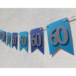 Edle Girlande zum 60. Geburtstag in Blau und Silber. Hochwertige Wimpelkette als Dekoration zum Geburtstag. Handgefertig