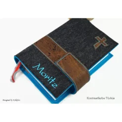 Edle Gotteslobhülle & Bibelhülle aus Filz mit Kork – personalisiertes Geschenk zur Kommunion, Firmung & Konfirmation