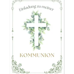 Edle Kommunionseinladungen, Kommunionseinladungskarten 10er-Pack, florale Kommunionseinladung, Einladung Erstkommunion