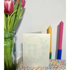 Edle Osterkarte "Frohe Ostern" | Kreuz im Blütenkranz | Handgefertigt in Grün oder Creme
