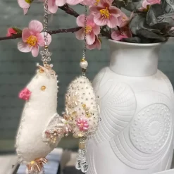 Ei Ornament creme weiß beidseitig bestickt Unikat Osterei handmade shabby chic Wohndeko