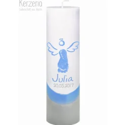 Eigener Fußabdruck pastellblau grau - Taufkerze mit Engel