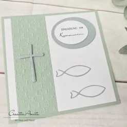 Einladung Einladungskarte zur Kommunion, Konfirmation oder Taufe in Eukalypthus-Silber matt - Christlich
