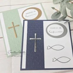 Einladung Einladungskarte zur Kommunion, Konfirmation oder Taufe in Eukalypthus-Silber matt - Christlich