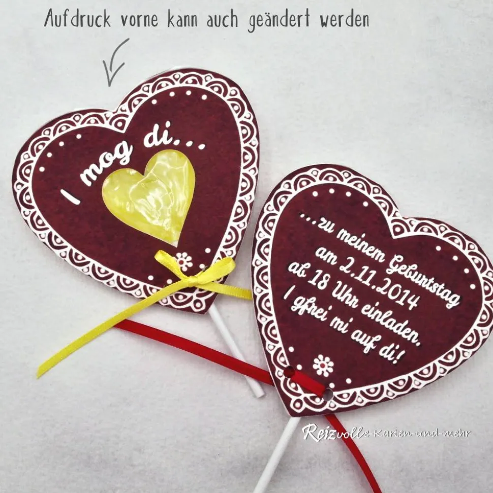 Einladung zum Geburtstag: Herz-Lolli-Lebkuchenherz – Individuell & Handgemacht